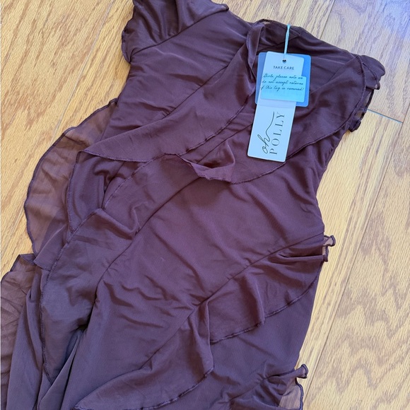 New Oh Polly Strapless Nevali Bandeau Ruffle Detail Chocolate Brown Dress 2 - Picture 3 of 16